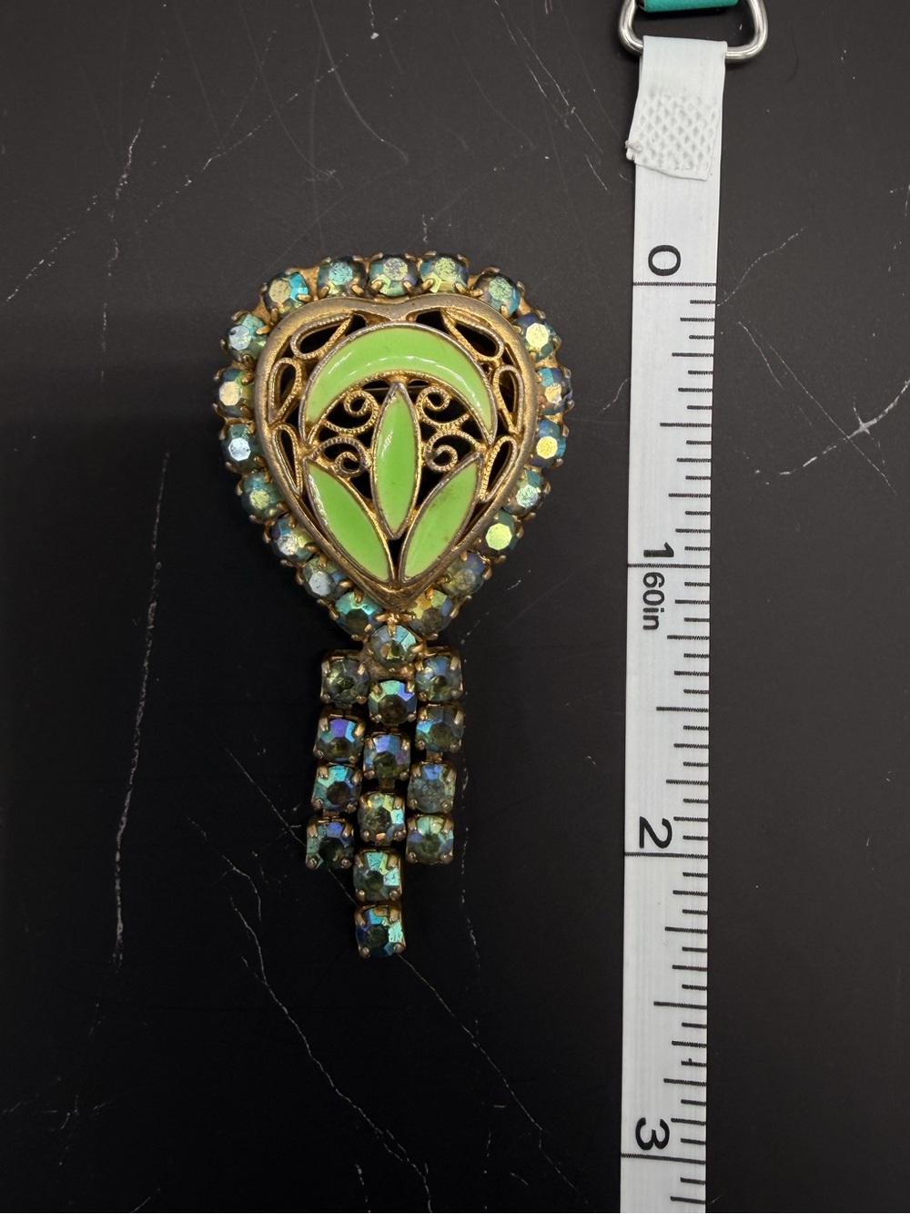 VTG Mid-Century Lime Green Enamel Aurora Borealis Fringe Brooch
